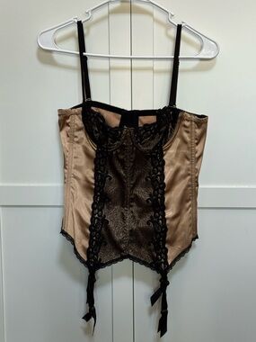 Frederick's of Hollywood Corset Bustier Top Beige Black Lace Women's Size 34